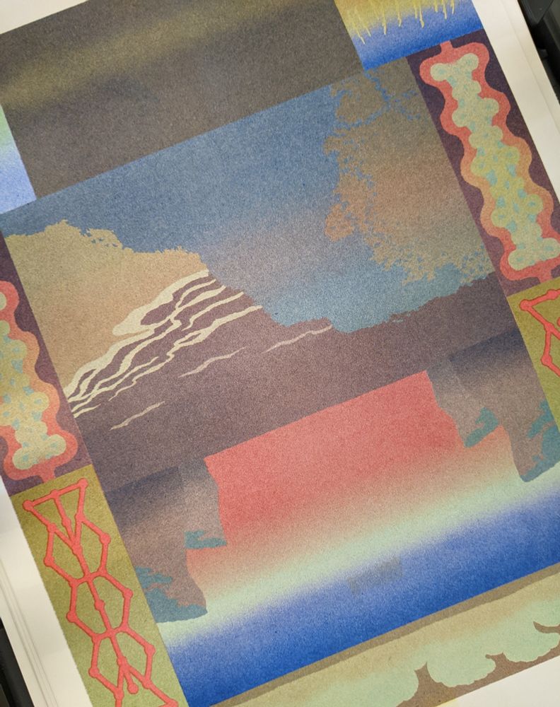 a riso print in progress, in olives, browns, blues, and reds 