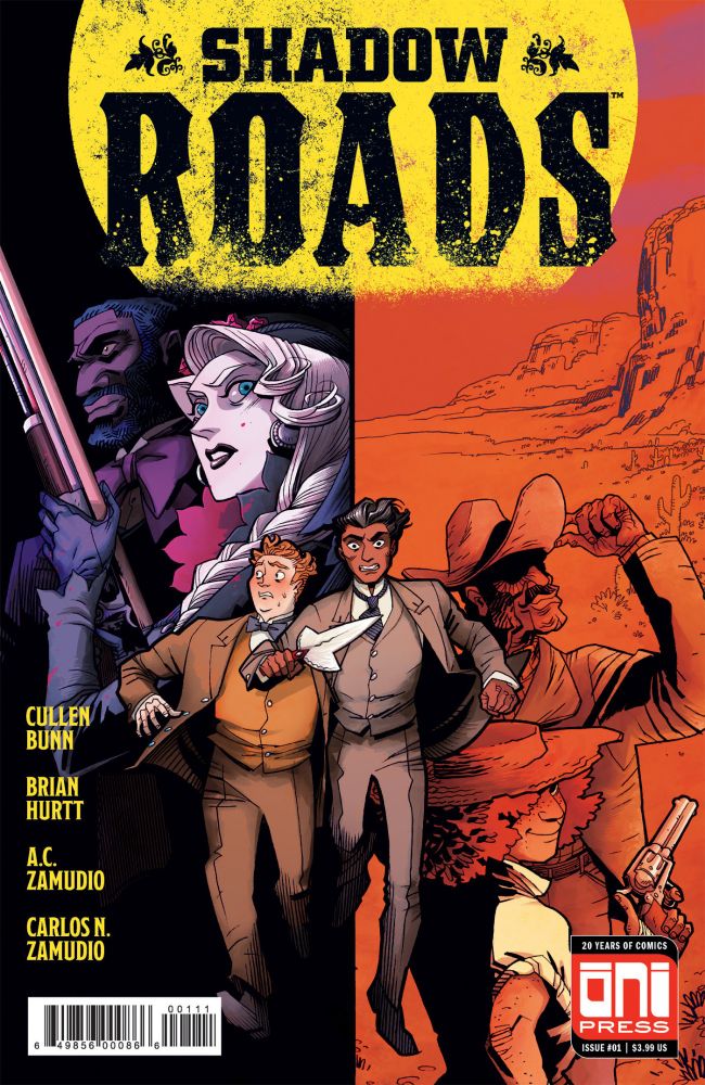 The cover for the retail version of Shadow Roads #1. Art by A.C. Zamudio with colours by Carlos N. Zamudio.