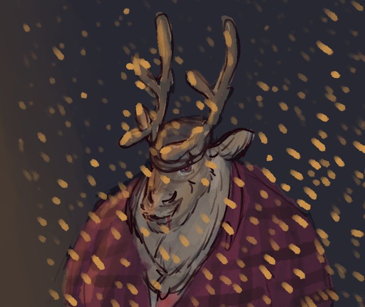 vampiric anthro caribou in the warm glow of a lamplight during a blizzard. he is wearing a gray flatcap, a white tanktop (with a bloody stain), and a plaid coat