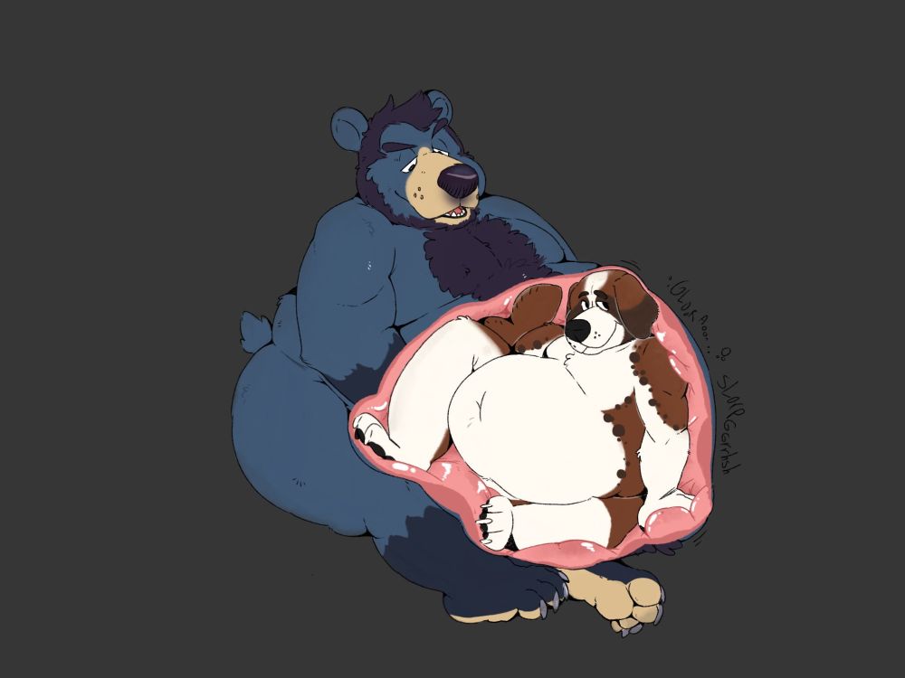 Blue anthro bear with a lot of fuzz and a bulging squirming belly. There is an internal shot with an anthro St. Bernard dog/seal hybrid inside the bear's stomach.