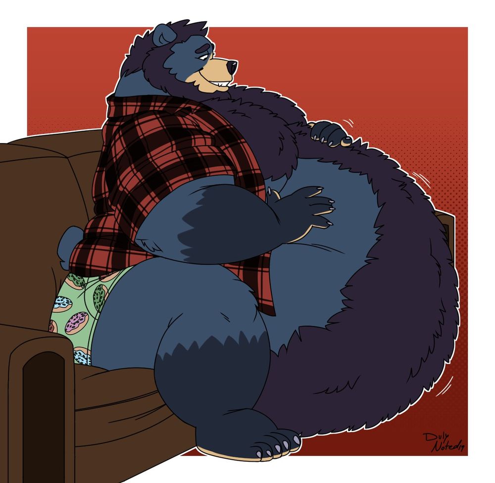 Large, blue, fuzzy anthro bear with a massive belly relaxing on a couch. He is wearing an open plaid shirt with the sleeves rolled up along with a pair of mint green underwear with a repeating doughnut pattern across it