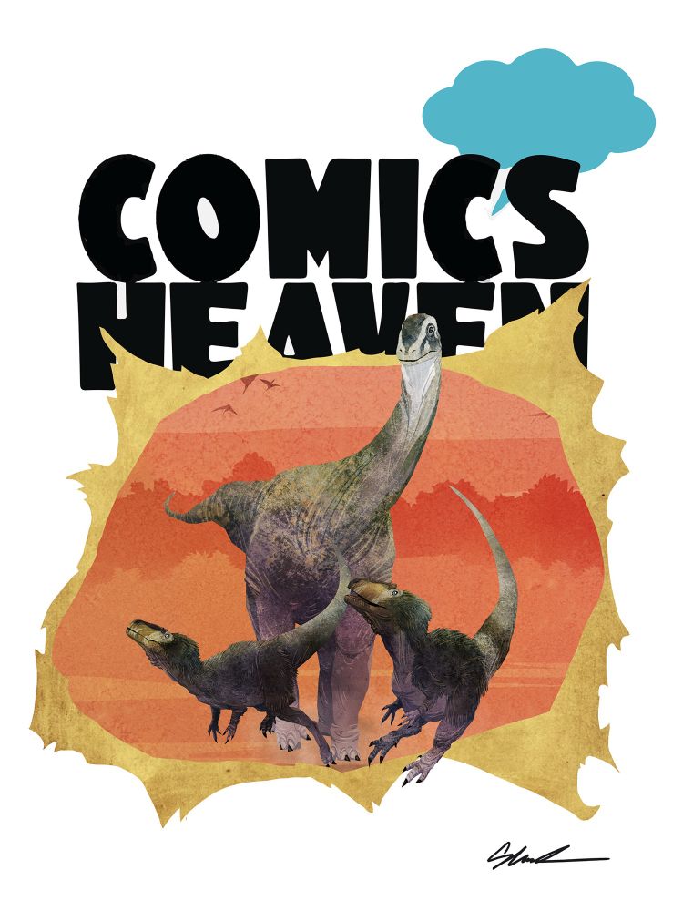 Dinosaurs ripping through a Comics Heaven poster