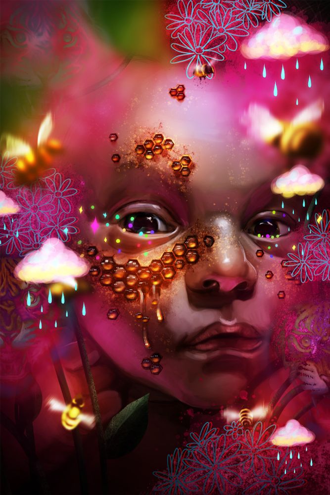 A baby with honeycombs in his face and bees flying around him 