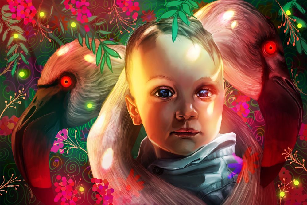 A over year old with two flamingos intertwined around him