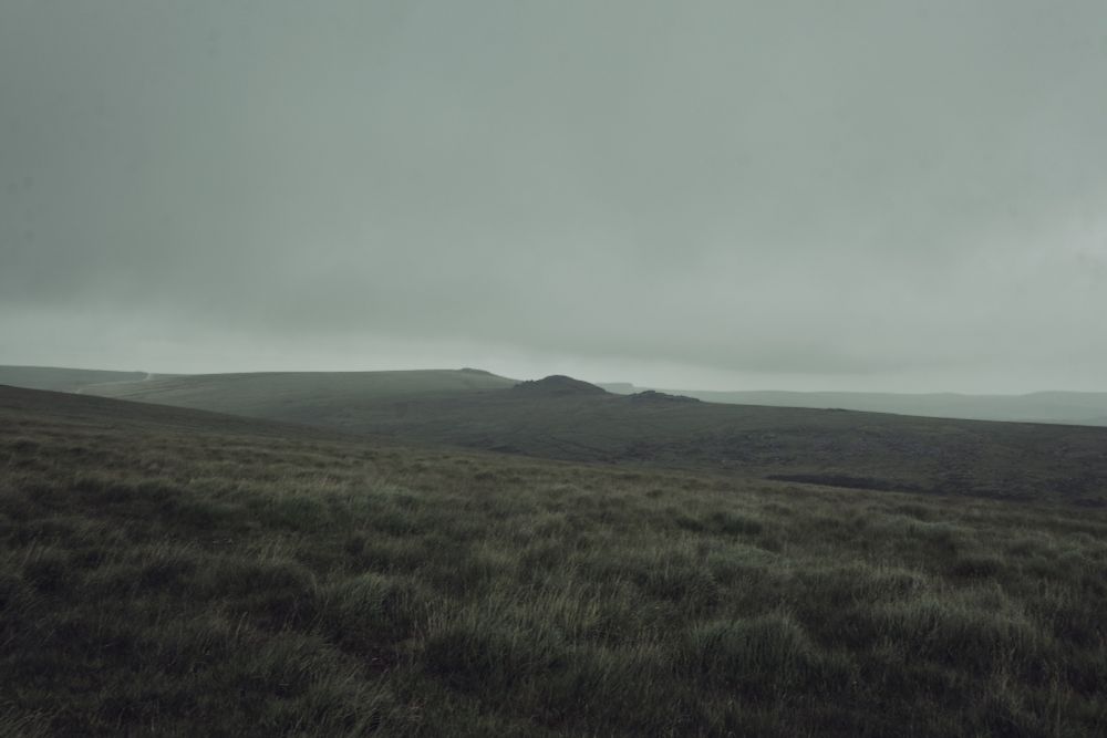 Looking across the moorland with dark green grasses and folds in the landscape.