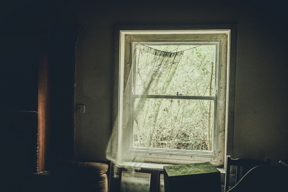 The image is of a broken window looking out into an overgrown garden. Net curtains billow in the wind. Overturned furniture litters the room inside the house. Whilst in East Anglia a friend took me to an abandonned house. It was not simply derelict, the inhabitants had, some 20 years ago or so, just left and had left most of their possessions behind. In the intervening years it has been broken into, windows smashed, cupboards upended but all their possessions remain within what was their home. The atmosphere was incredibly moving.