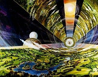 NASA concept for an O'Neil cylinder. It shows a large cylinder, kilometers long and a few kilometers in diameter. 3 sets of alternating ground and window sections running the length of the inside surface and wrapping around the cylinder and scene. A ground section at the bottom of the picture shows lush green pastoral landscapes dotted with trees, lakes and streams, farmland and pastures, and wispy clouds above. Through the windows the darkness of space dominates, with a planet and moon visible through the left window section and a close bright yellow star through the window at the top of the picture.  This star illuminates the ground section at the bottom.