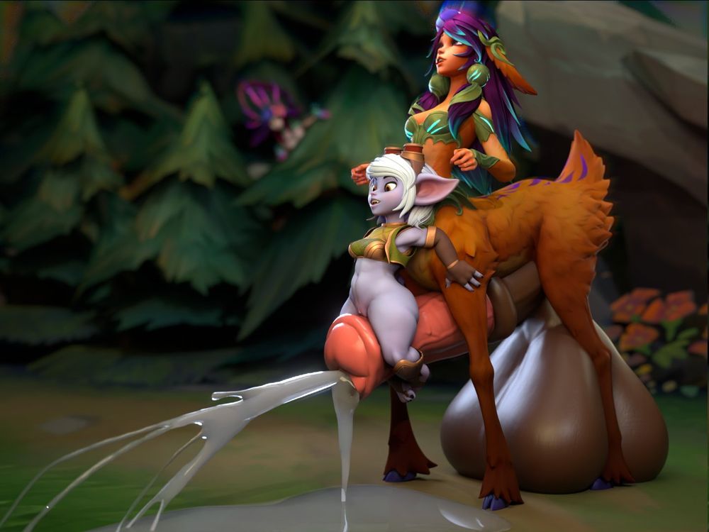 Tristana "riding" a very well endowed Lillia. Idk what to put in these alt text things, like nobody is going to be jerking off better because they read the alt text? Big balls are cool.