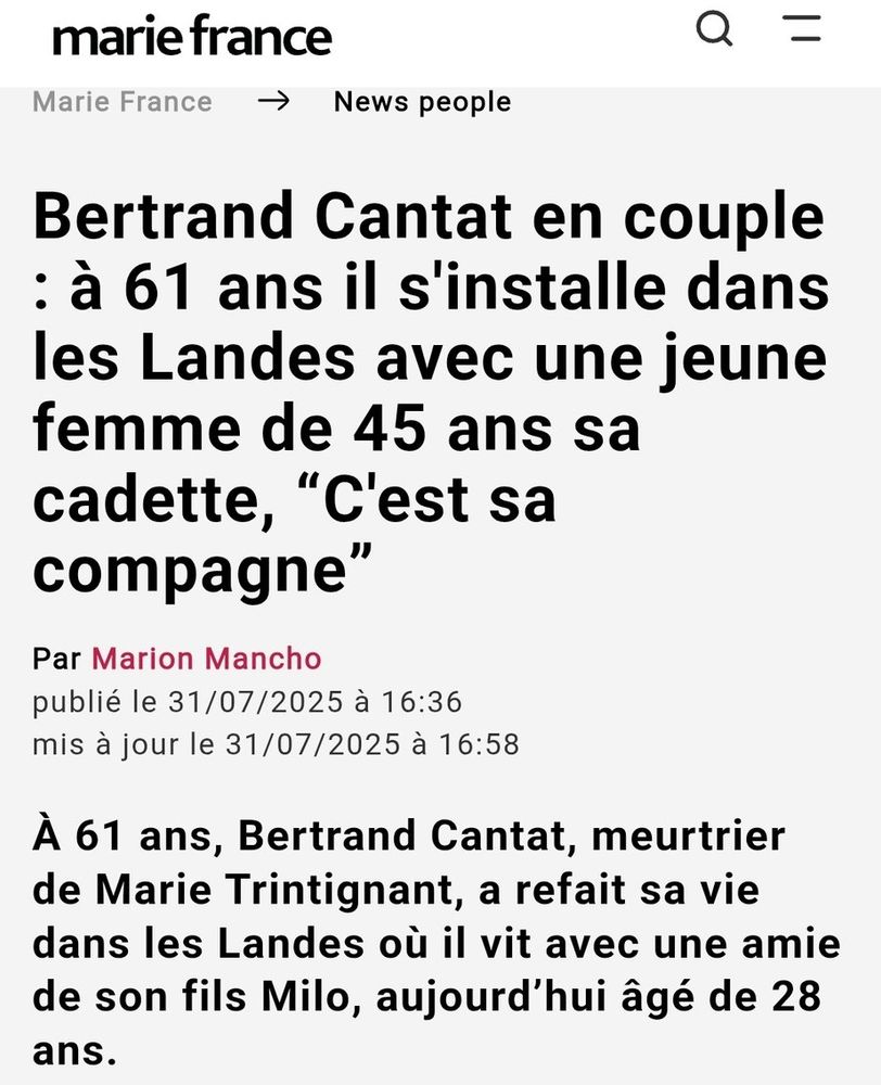 Bertrand CANTAT en couple : à 61 ans il s'installe dans les Landes avec une jeune femme de 45 ans sa compagne. Il a refait sa vie dans les Landes où il vit avec une amie de son fils Milo aujourd'hui âgé de 28 ans. 