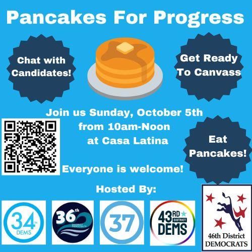 An event poster for Pancakes for Progress, with a graphic of a stack of pancakes in the middle

Join us Sunday, October 5th from 10am-Noon at Casa Latina. Everyone is welcome!

There is a Hosted By section, with the logos for the 34th, 36th, 37th, 43rd, and 46th Legislative District Democrats. 

There are multiple starburst shapes around the edges of the poster, with "Chat with Candidates!", "Get Ready To Canvass", and "Eat Pancakes" in them.

There is a QR code, which links to the same RSVP link that was included in the post.