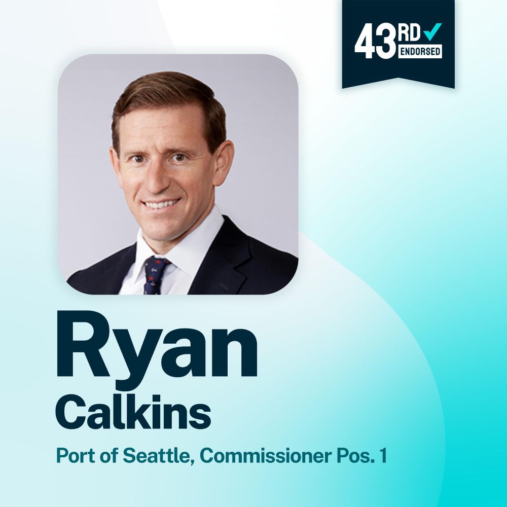A photo of Ryan Calkins, with Port of Seattle, Commissioner Pos. 1 underneath. There is a badge in the top right of the graphic that says 43rd Endorsed with a check mark