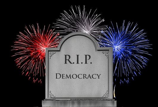 R.I.P. Democracy on tombstone with red white and blue fireworks in background