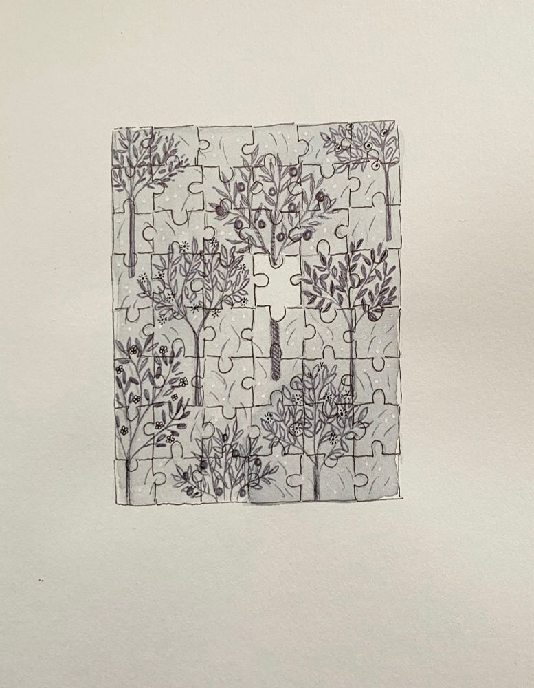 A pen sketch of a tree patterned jigsaw with one piece missing 