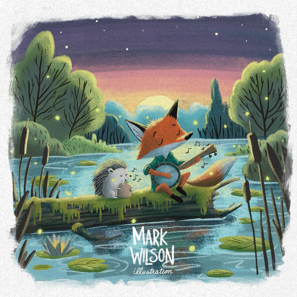 Whimsical serene image of a fox and a hedgehog sitting on a log in the middle of a forest pond at sunset. The fox plays the banjo while the hedgehog plays a jug. Fireflies, lily pads, and cattails surround the duo as stars begin to fill the dusk sky. 