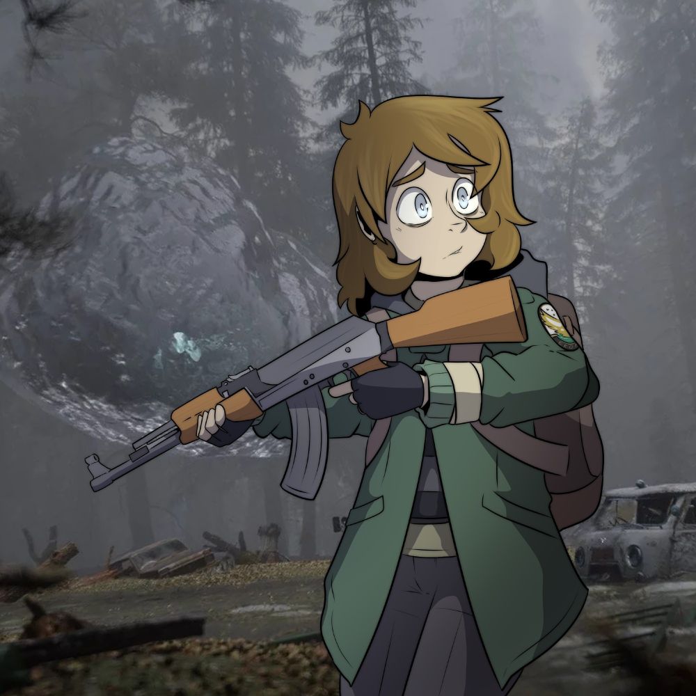 Grey lost in the zone, an ak47 in hand, an ecologist patch on her jacket. Background is promotional material from STALKER 2