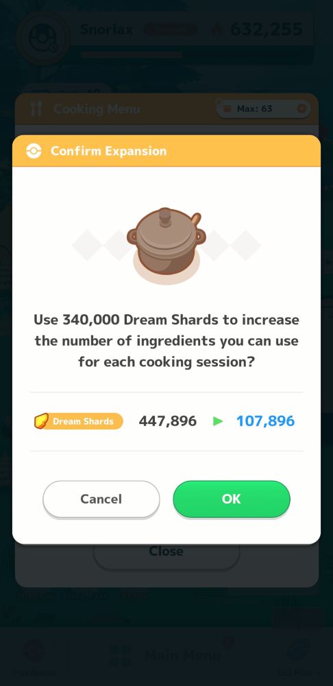 Pokemon sleep screen showing the Pot upgrade menu cost of 340000 shards