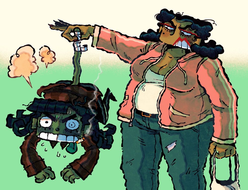 Lulu Extraño holding Capochin up by the tail, who looks like he's about to explode. Characters from Great God Grove