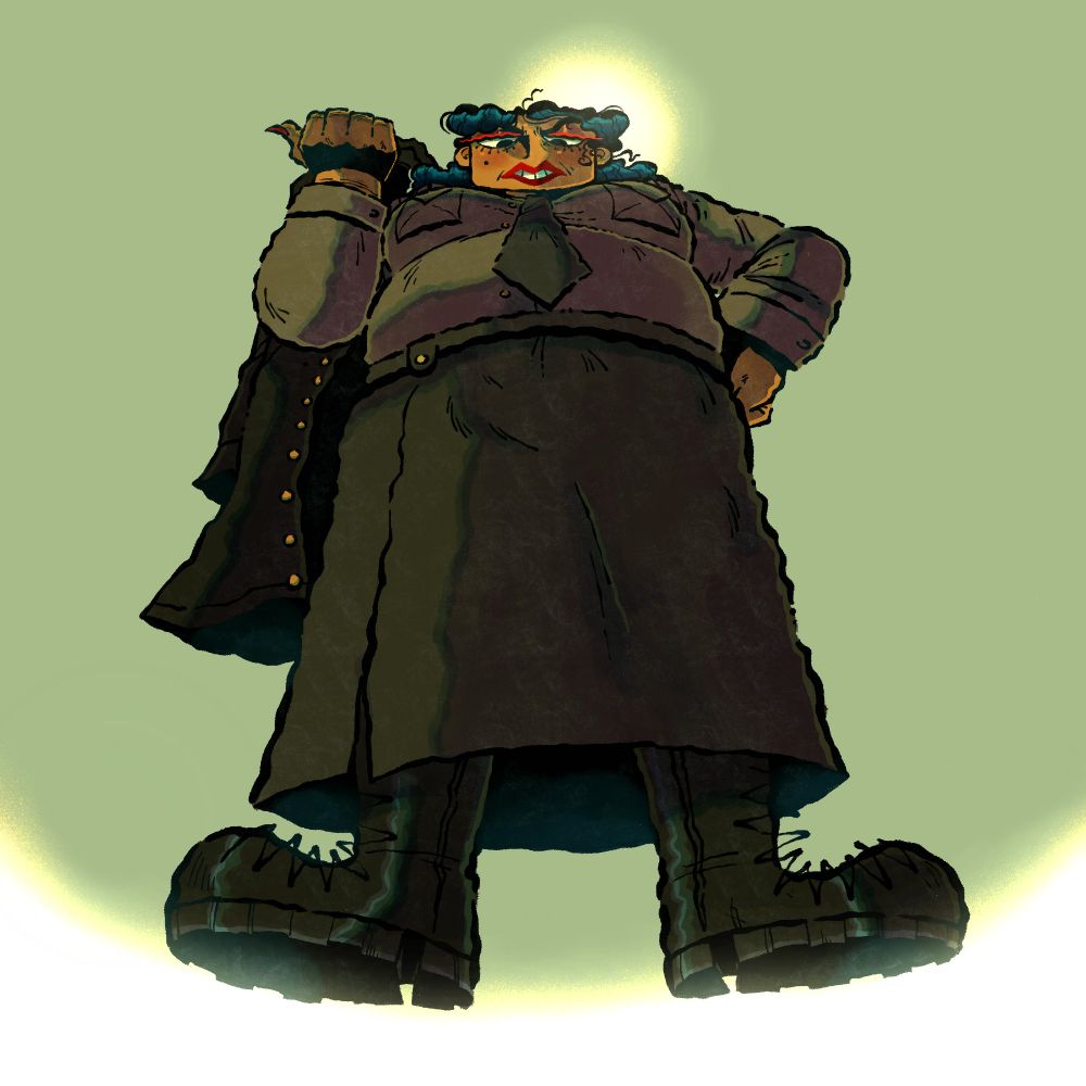 Lulu Extraño, from Great God Grove, pictured from a very low angle. The image has a mainly green and orange color scheme