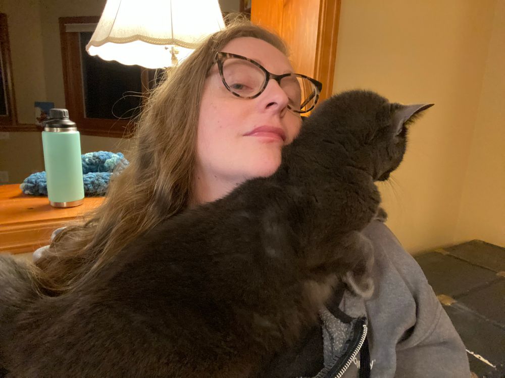 A grey cat (Gladys) lays across my shoulder facing away from the camera 