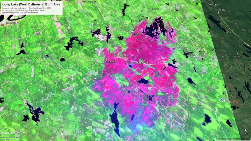 Sentinel 2C image from September 2, 2025 focusing on the burn area near Long Lake (West Dalhousie). Burn area appears as red, healthy vegetation appears as greens.