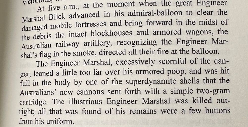 A passage about an admiral in a war balloon being hit by superdynamite.