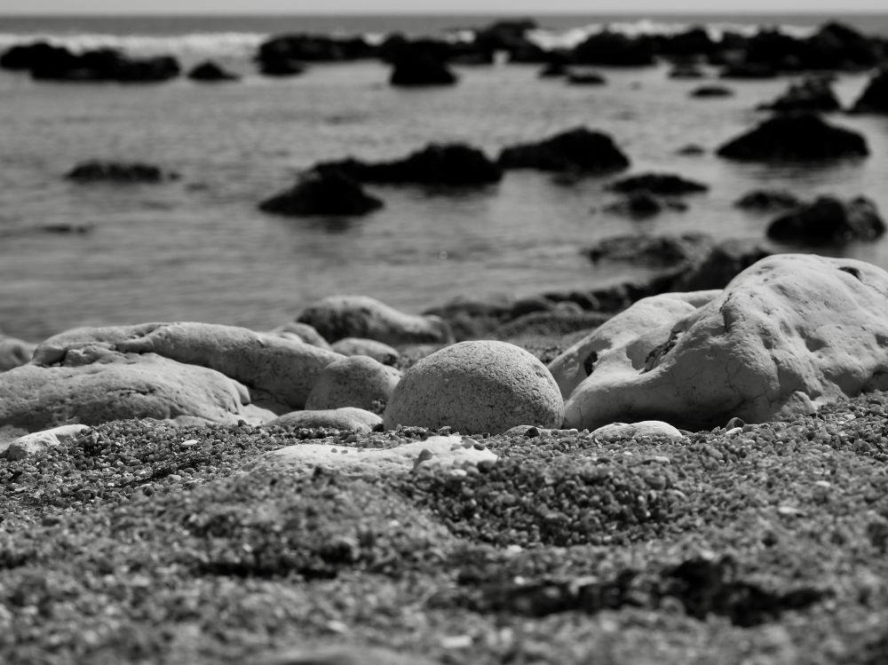 Image in black and white of a beach and the sea