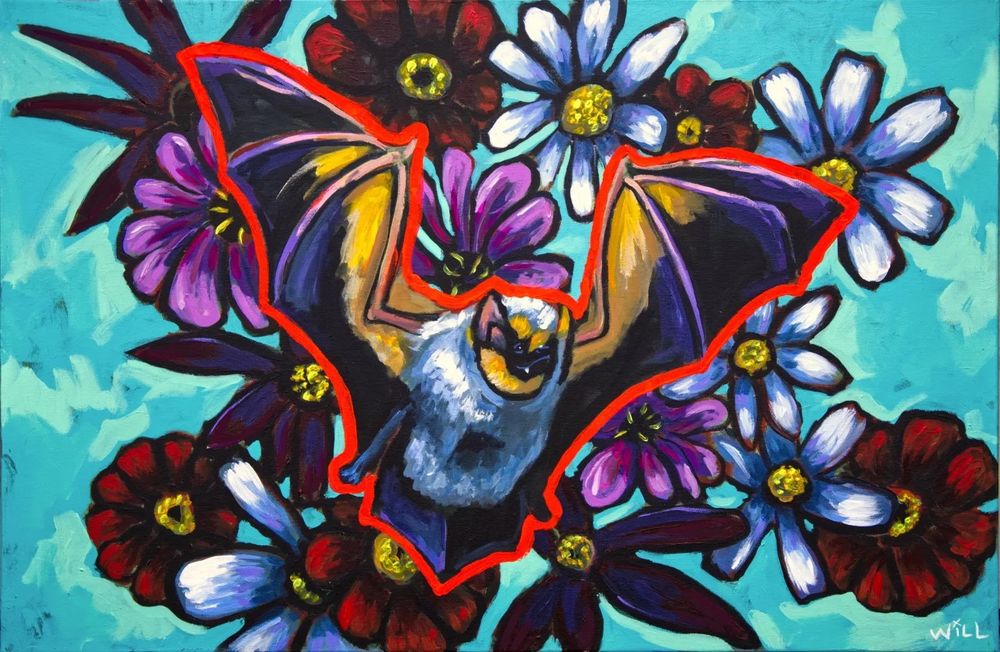 Will Eskridge original acrylic painting Batty Flowers. Features a colorful hoary bat amongst a bouquet of flowers and aqua background