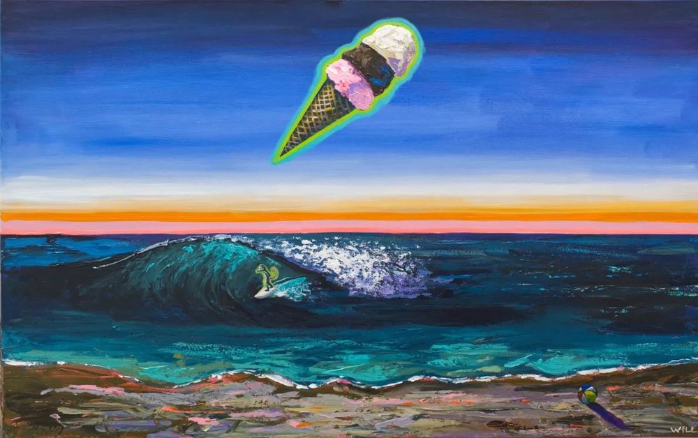 Colorful original painting of beach at sunset with opossum surfing and oversized ice cream cone hovering in the sky. Artist is Will Eskridge
