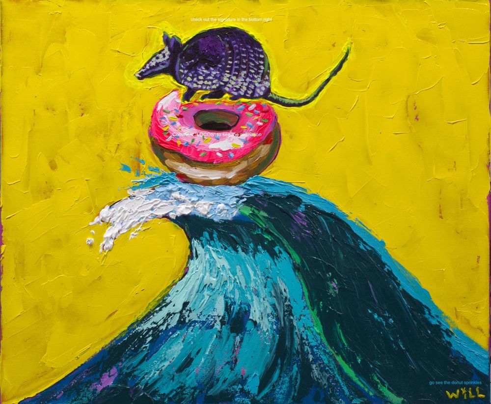 Will Eskridge original painting of an armadillo surfing on a donut against a yellow background