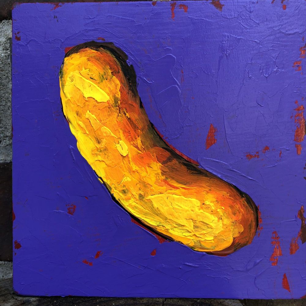 Brightly colored original painting of a cheese puff by Will Eskridge. Neon oranges on a royal purple background