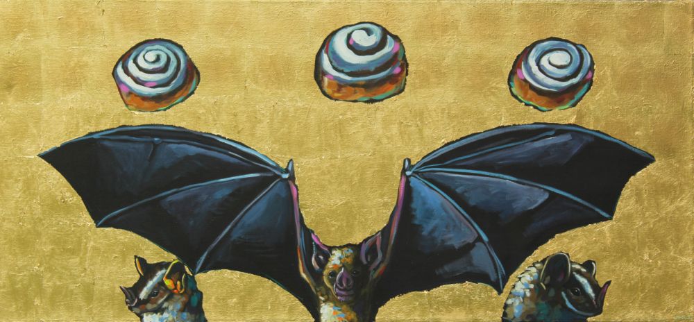 Will Eskridge original painting of three bats and three cinnamon rolls on gold leaf background. We Sold Our Souls For Cinnamon Rolls. acrylic and gold leaf on stretched linen