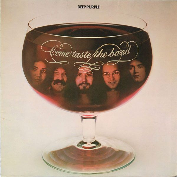 The front cover of Deep Purple's 1975 album "Come Taste The Band". The bands faces are superimposed over a wine glass, against an off-white background.