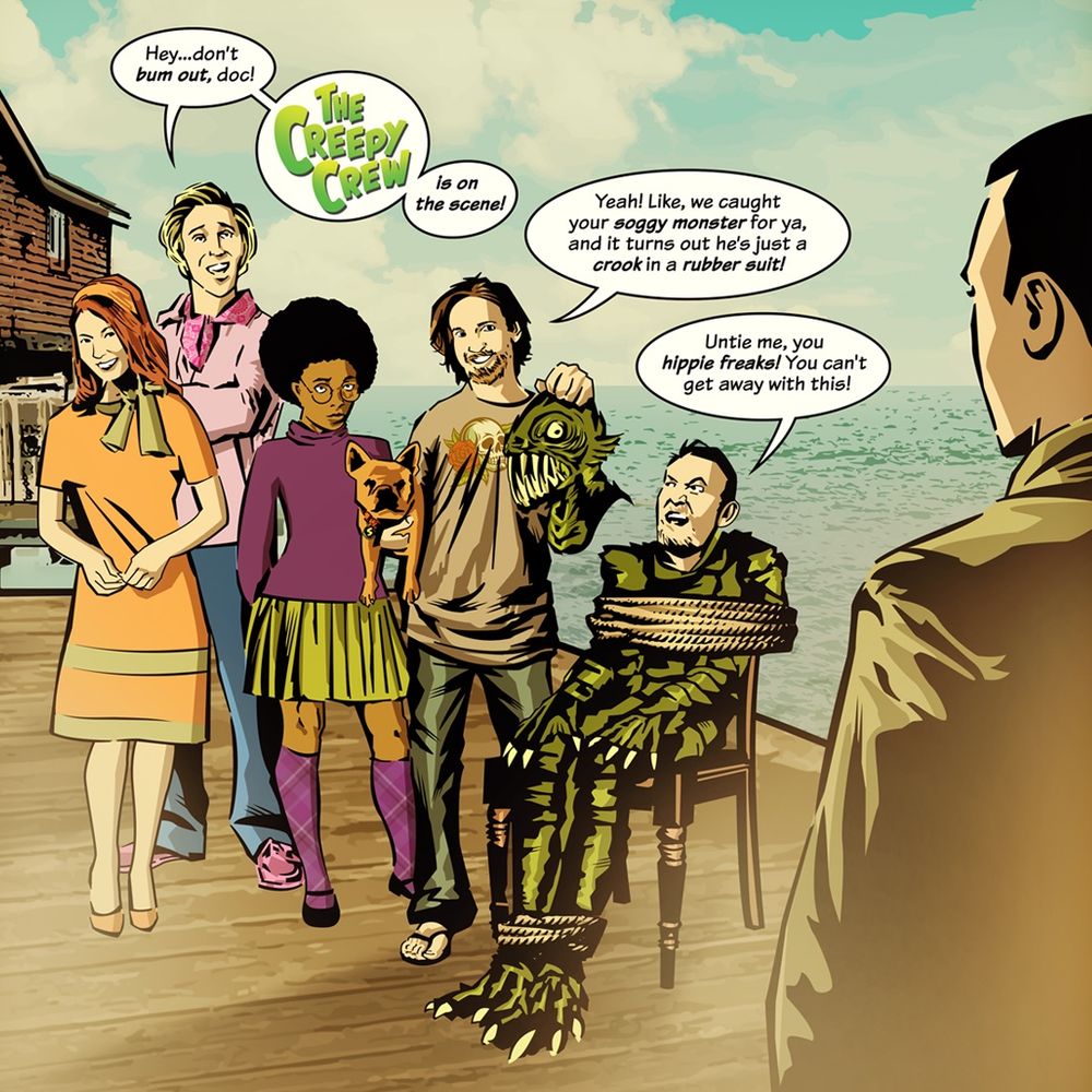 On a foggy dock, a man observes a group of colorful 1970's monster hunters as they unmask a man in a monster suit.