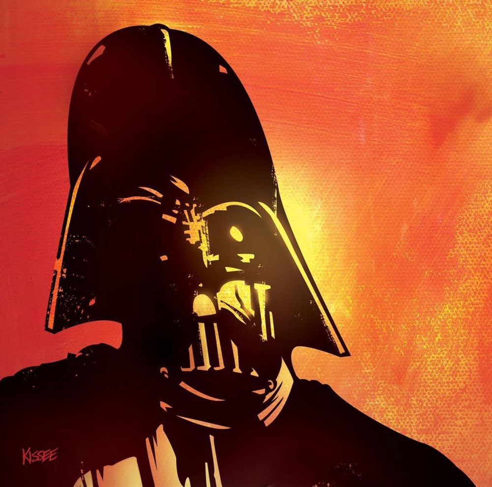 The evil Sith Lord Darth Vader in closeup, against a heated orange background.