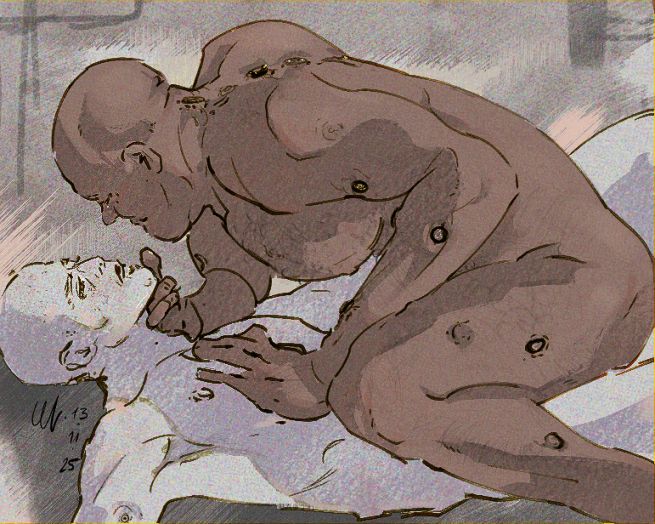 A sketchy illustration of two men in an intimate pose, The Matrix 1999 slash fanart. The man being straddled is Neo, almost hairless like he was after he got woken in the Real World aboard the Nebuchadnezzar, looking up, hazy. Morpheus is straddling him, has a hand on Neo's chest and is holding up Neo's chin with the other. Morpheus is smiling affectionately at him. Their bodies show the scar from the machines plugs.