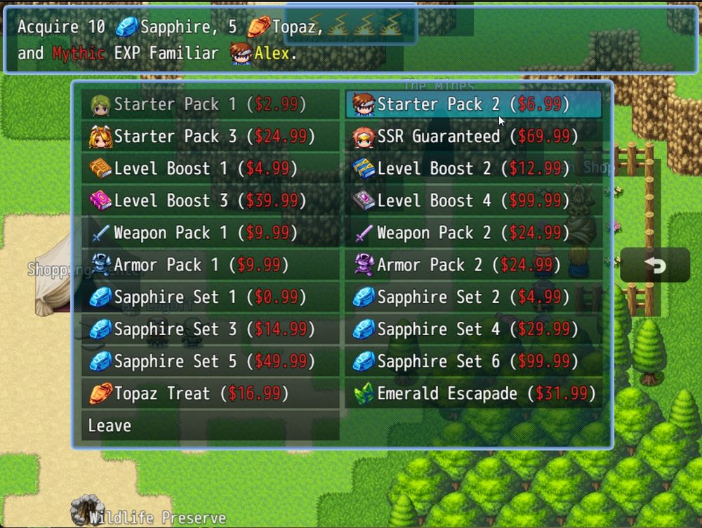 A fake microtransaction screen. You can spend anywhere from $0.99 to $99.99.
