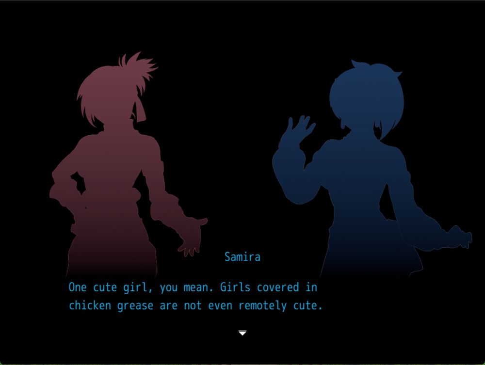 Red and blue silhouettes of two women are speaking in a visual novel style. The blue woman, Samira, is saying "One cute girl, you mean. Girls covered in chicken grease are not even remotely cute."