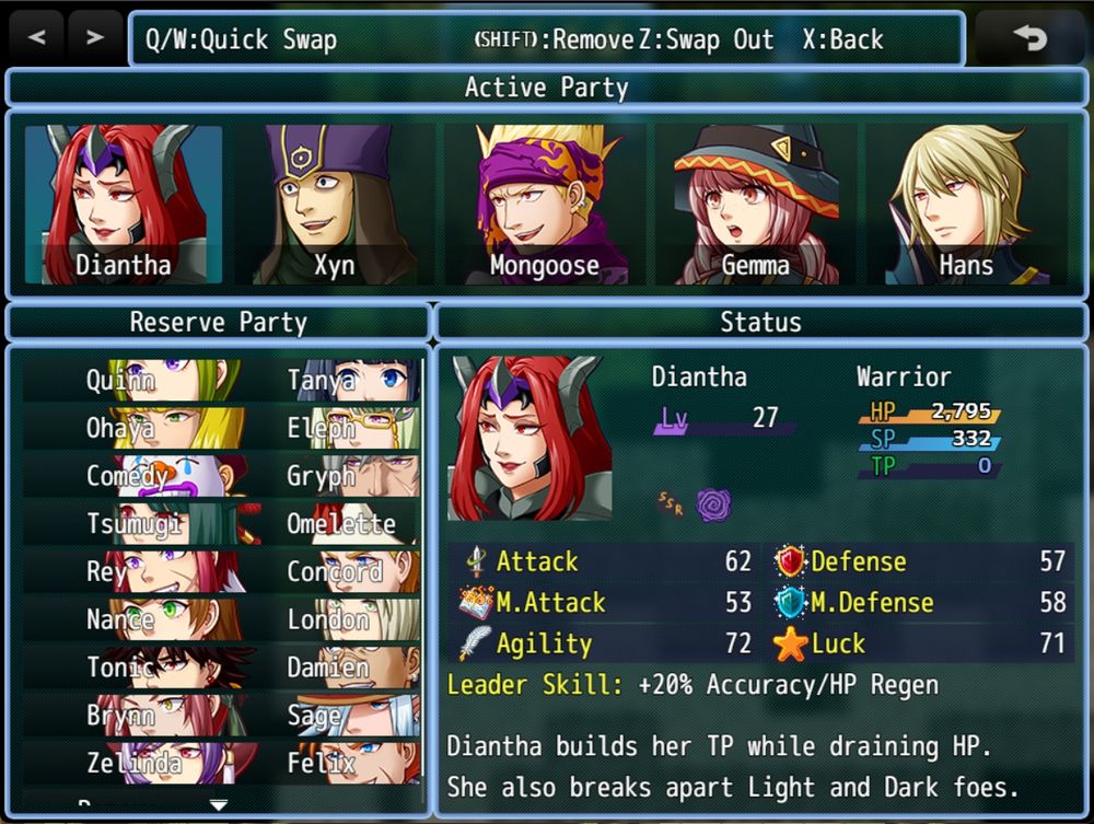 A party formation screen with over 20 characters available.