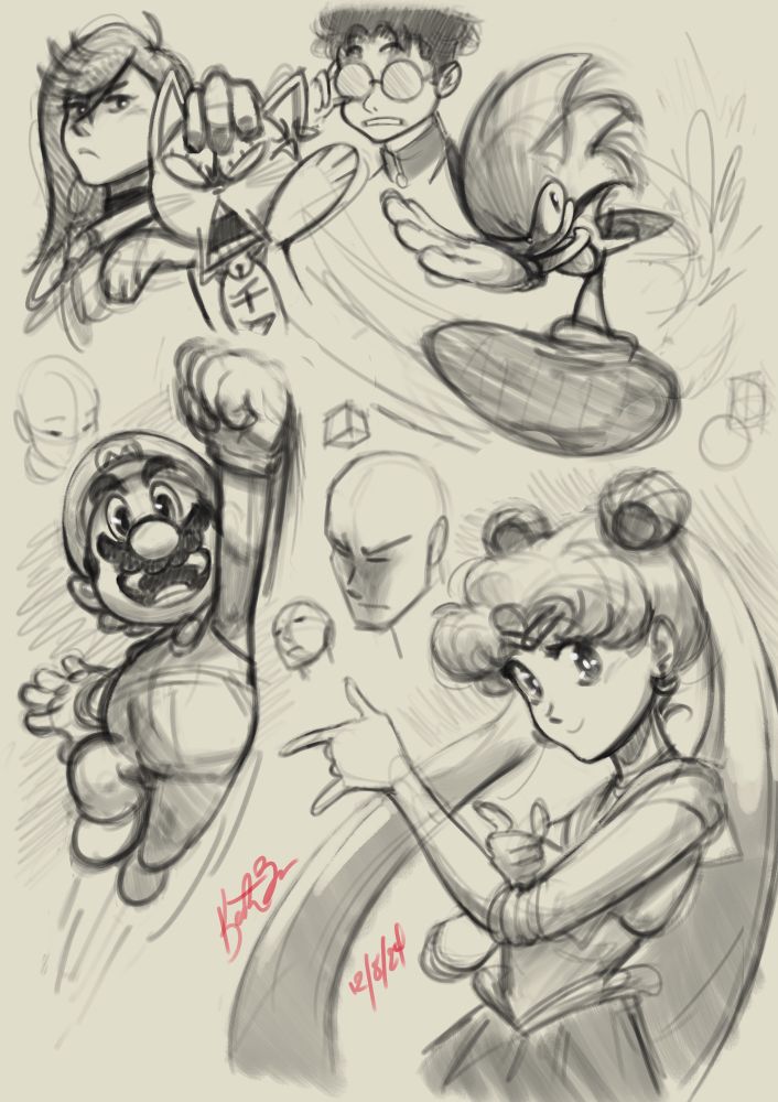 Scratchy sketches various characters including Mario, Sonic, Sailor Moon/Usagi, Momo, Okarun, and Turbo Granny in the Lucky Cat statue.  

Usagi is in her signature “I’ll punish you!” pose, Mario in his jump pose, Sonic glances with a serious eye to his opponent during a race, and Momo with an unserious expression holds up a pissed off Lucky Cat Turbo Granny while Okarun looks on with curiosity.

Various scribbles, shapes, and basic heads also cover the page.