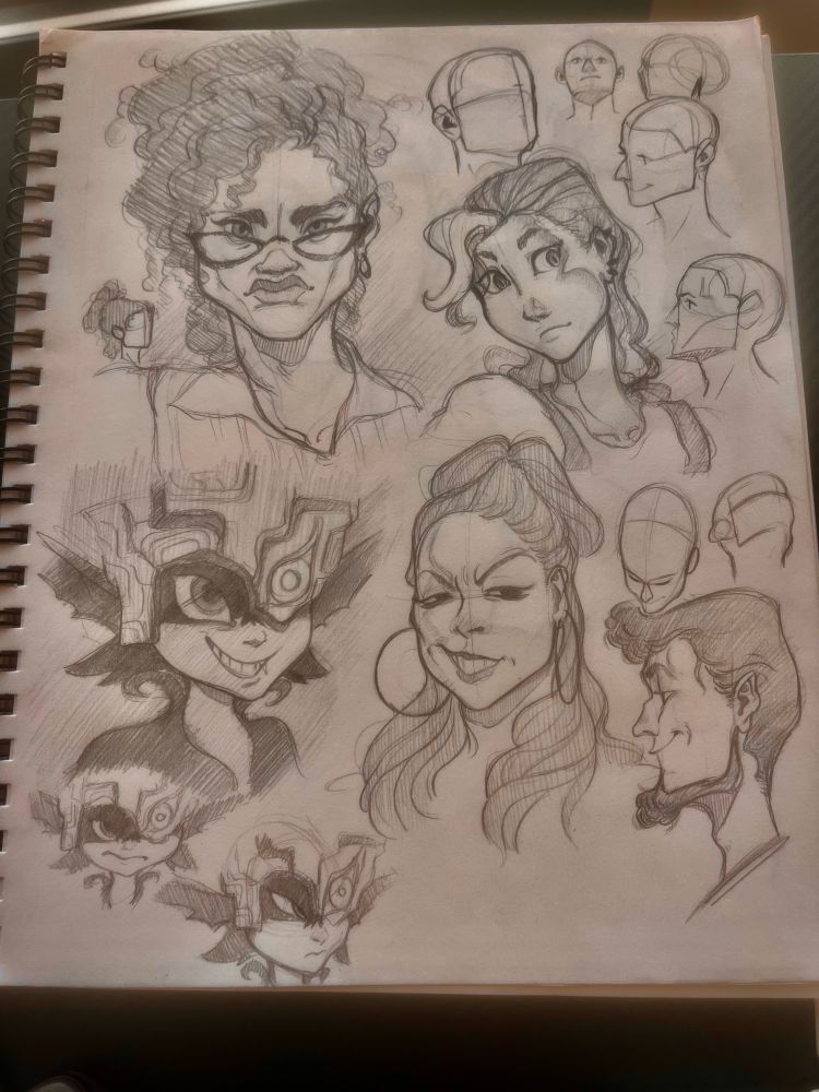 Character sketches of various men and women, heads from different angles, and Midna from Zelda: Twilight Princess on the bottom left of the page.
