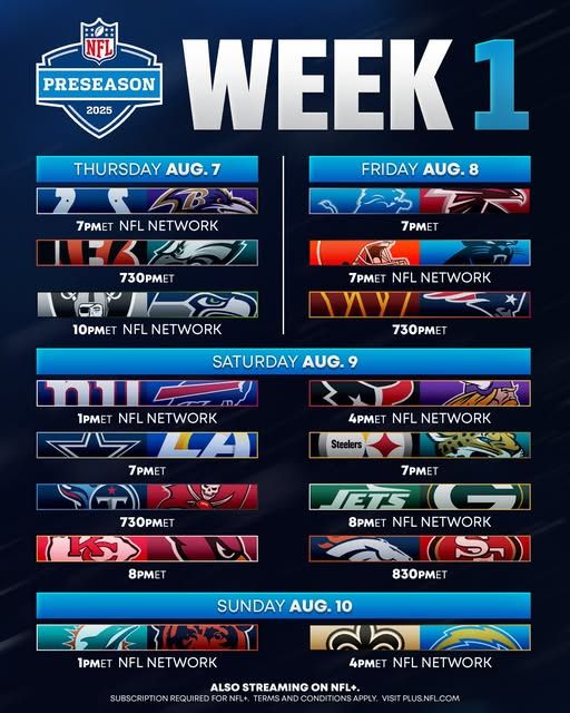 Imagen del calendario de la fecha 1 de la pretemporada de la NFL