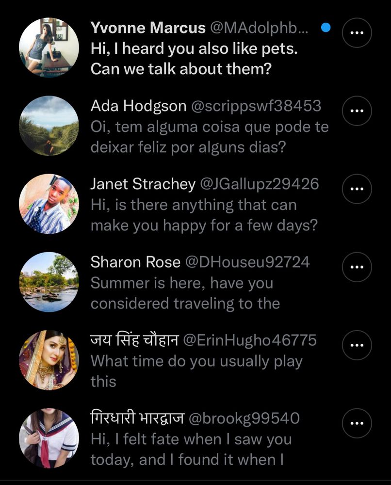 Print da parte da DM do X (antigo Twitter) em que tem várias mensagens em inglês e em português de contas provavelmente falsas de pornô.