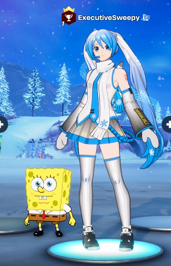 snow miku with a spongebob sidekick in fortnite