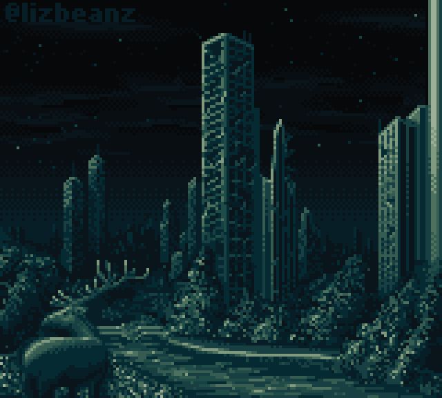 pixel art in a green monotone. An elk approaches a river in an abandoned and collapsed city.