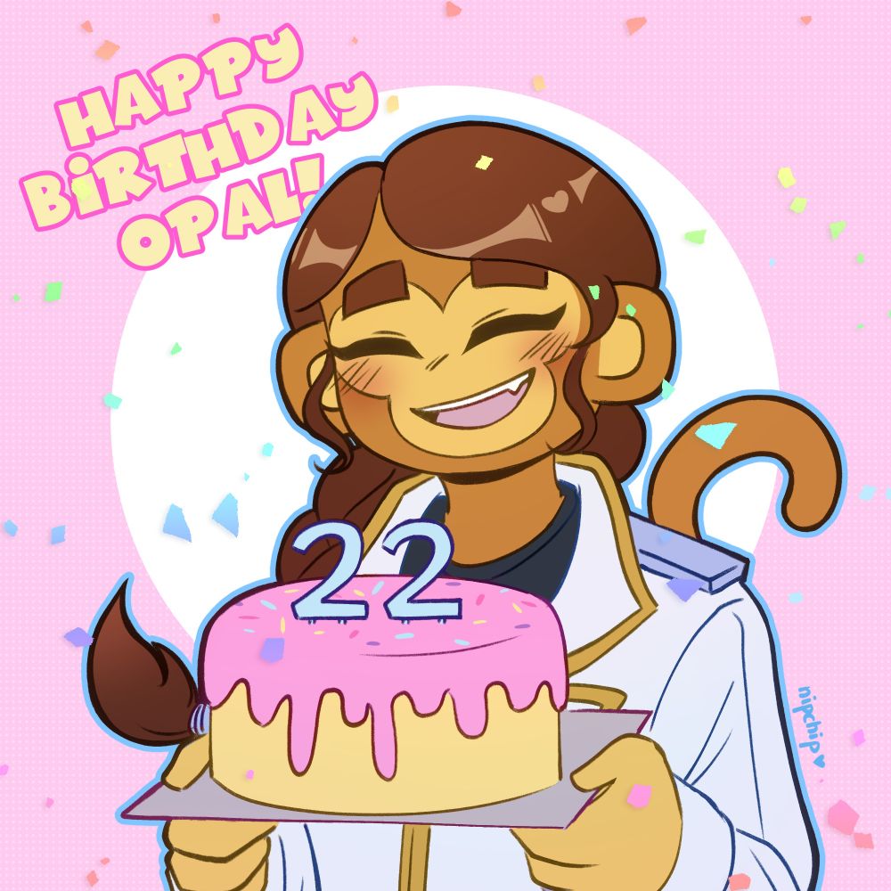 OpalRadiance (Melany in Opal Rosamond's jacket) smiling with a pink cake, decorated with the number 22. Background text: 'Happy birthday Opal!'