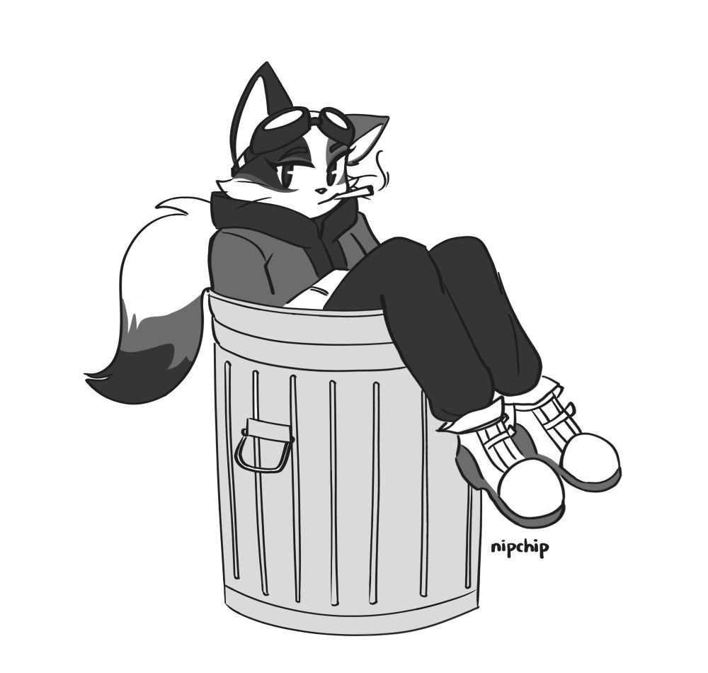 Keiko sitting in a trash can, her legs and tail sticking out. She's smoking rolled up catnip.