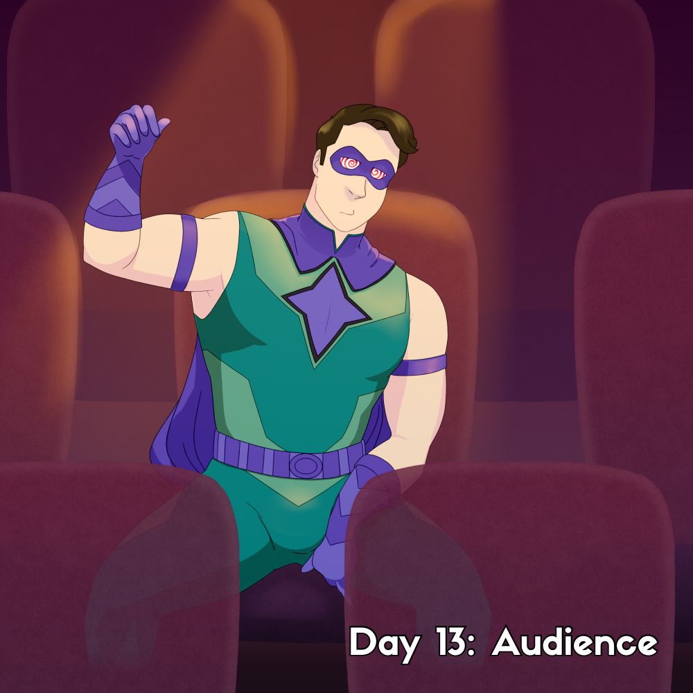 On rare occasions, when villains and petty criminals alike took a little break, Radiance used the opportunity to enjoy himself. One of his favourite ways to unwind was... a bit of a guilty pleasure, but harmless nonetheless. Stage hypnosis fascinated the hero, and he loved watching audience members sink into the voice of the hypnotist. One hypnotist in particular always seemed to look right at Radiance, making him feel like an audience of one despite never actually calling on him to volunteer. If only he were to actually fall into trance one night... and feel that compulsion to walk onto stage... if only...

I had planned this to be two images at the sketch stage... but then I really liked the visual of the lone hero lost in trance in an otherwise empty audience... but I wanted the chance to draw his butt and the back of the suit... so you all get a bonus! Big ups to my birthday buddy Radiance, too!