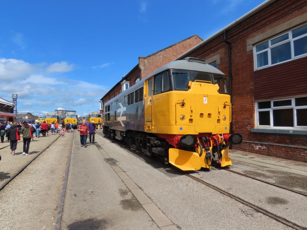 Railfreight-liveried 31108, part of the initial batch of Class 31s without headcode boxes on the cab roof, stands on display.