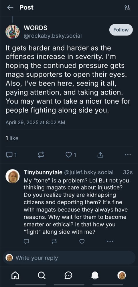 Disagreement with WORDS about fighting the liberal way before they blocked me.