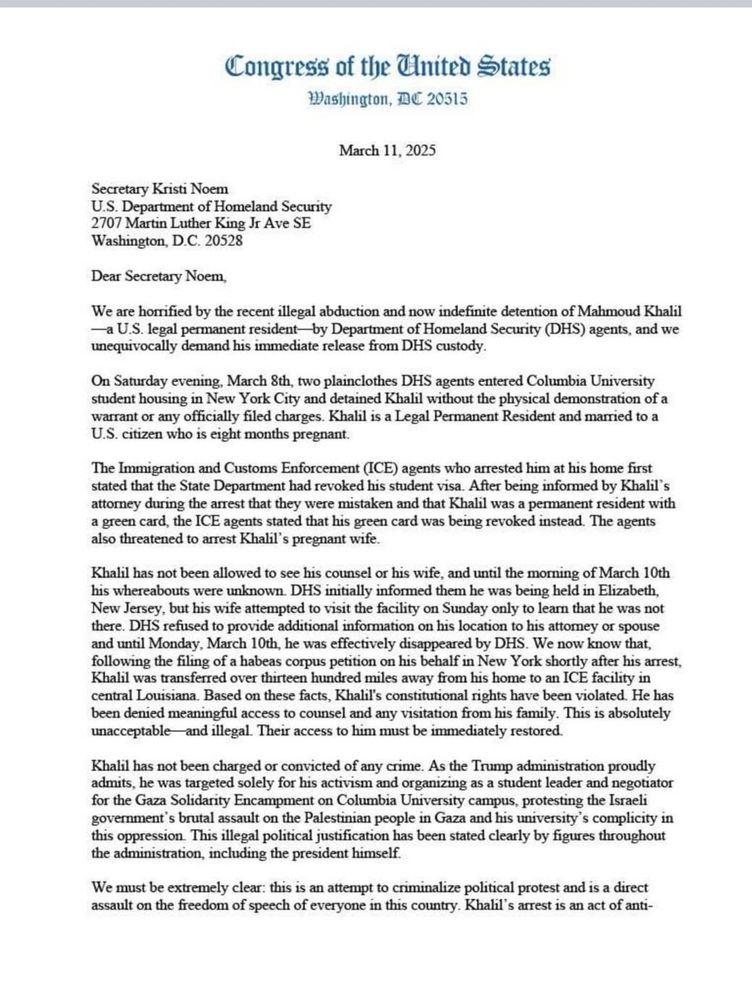 Letter from congress to trump protesting illegal abduction of Mahmood Khalil